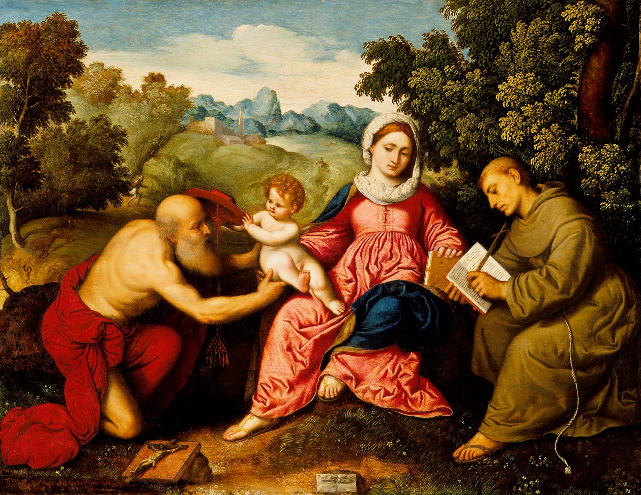 Madonna och barn med de heliga Jerome och Franciskus, ca 1525 av Paris Bordone