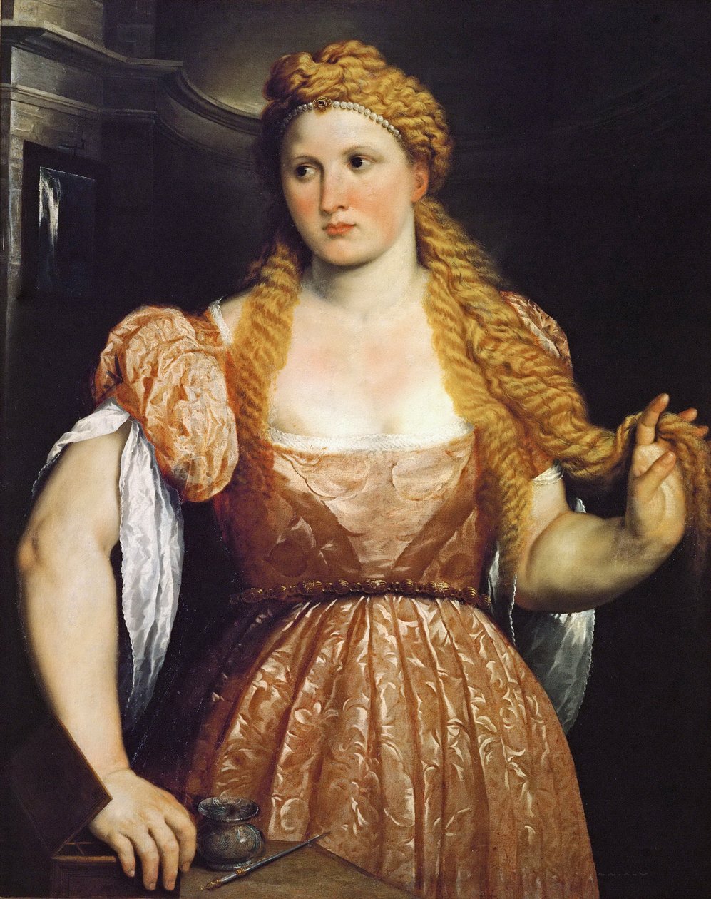 Porträtt av en ung kvinna vid hennes toalett - Paris Bordone (Bordon) (1500-1571). Olja på duk, ca. 1550. Mått : 102x81 cm. Konsthistoriska museet, Vienne av Paris Bordone
