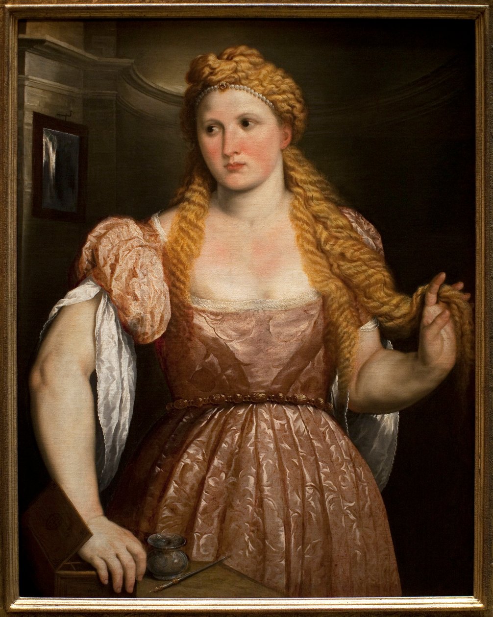 Porträtt av en ung kvinna. Målning av Paris Bordone (eller Bordon) (1495-1571), olja på duk, cirka 1550. Italiensk konst (Venedig) av Paris Bordone