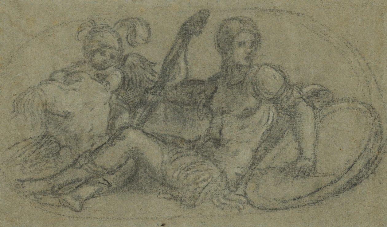 Sittande manlig figur med putto och rustning av Paris Bordone