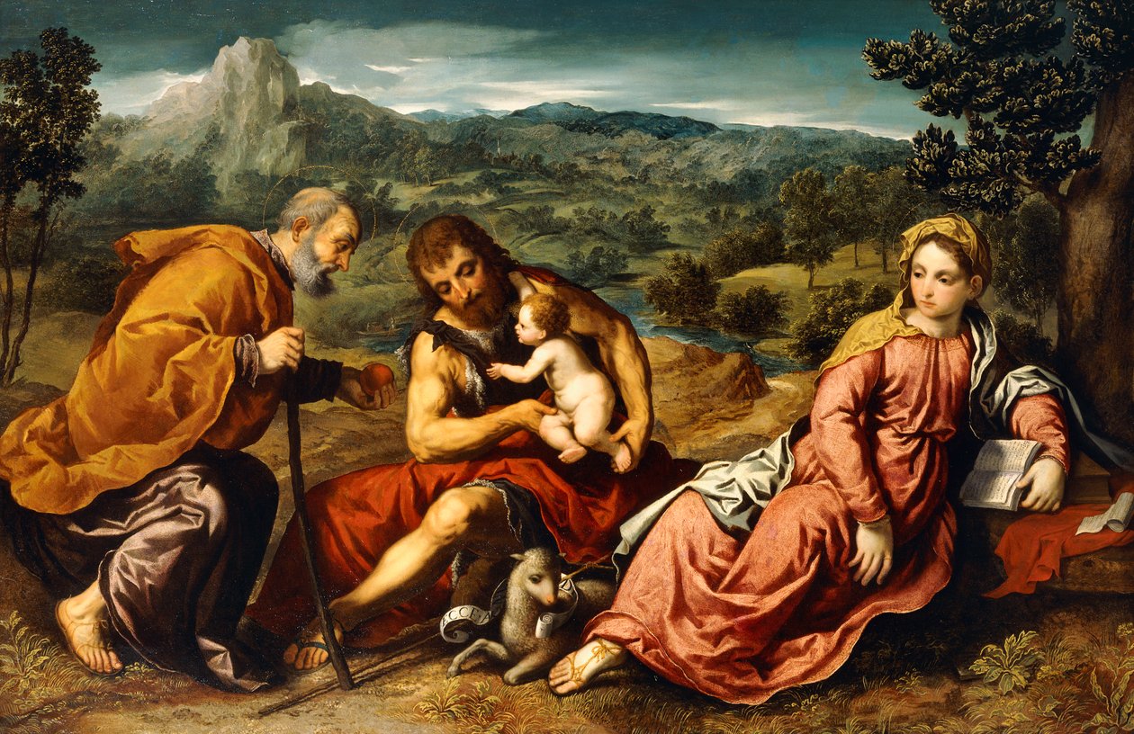 Den heliga familjen med Johannes Döparen i ett landskap, 1545-50 av Paris Bordone