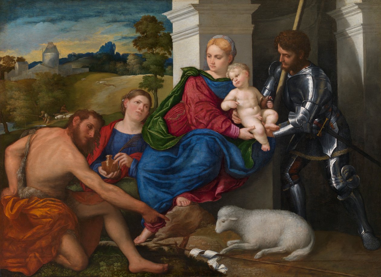 Jungfrun och barnet med de heliga Johannes Döparen, Maria Magdalena och Georg (eventuellt), ca 1524 (olja på panel) av Paris Bordone