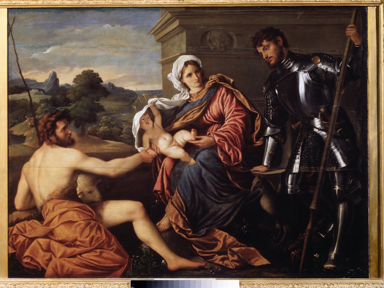 "Madonna and Child, Saint John the Baptist and Saint George" (Madonna and Child, Saint John the Baptist and Saint George) Målning av Paris Bordon eller Bordone (1500-1571) ca 1530 Pouchkine Museum, Moskva av Paris Bordone