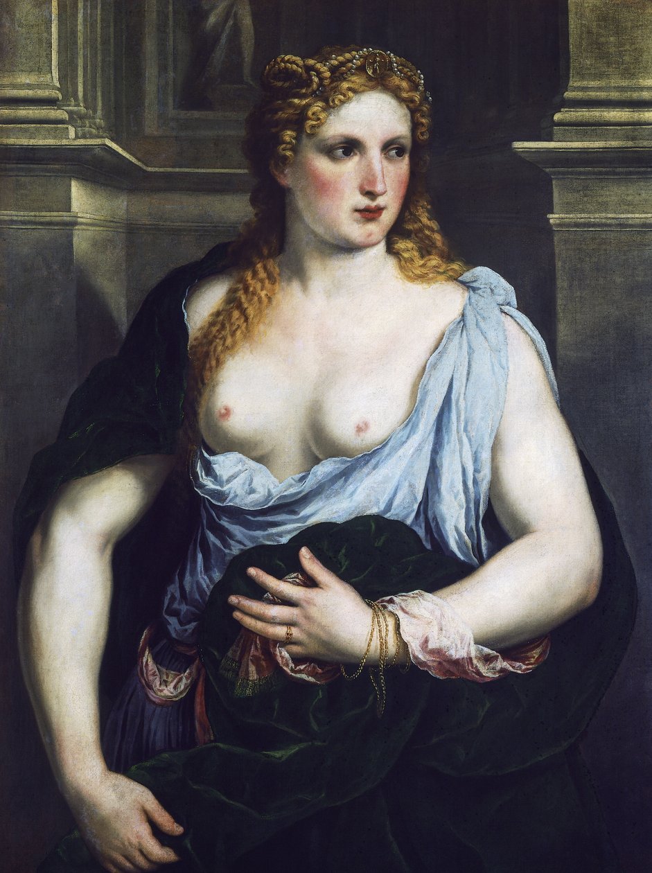 Kvinna med grön kappa, ca 1550 (olja på duk) av Paris Bordone