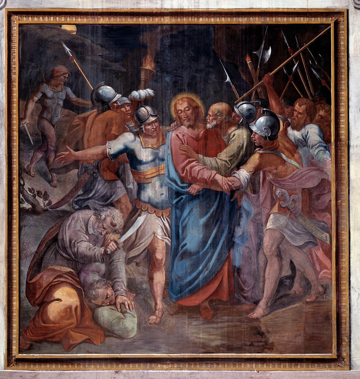 Kristi liv: "" Judas kyss och tillfångatagandet av Kristus"" (Kristi passion, Judas kyss och tillfångatagandet av Jesus) Fresk av Paris Nogari (1536-1601) 1594-1600 Rom Church of Santa Prassede (Santa) Prassede) Italien av Paris Nogari