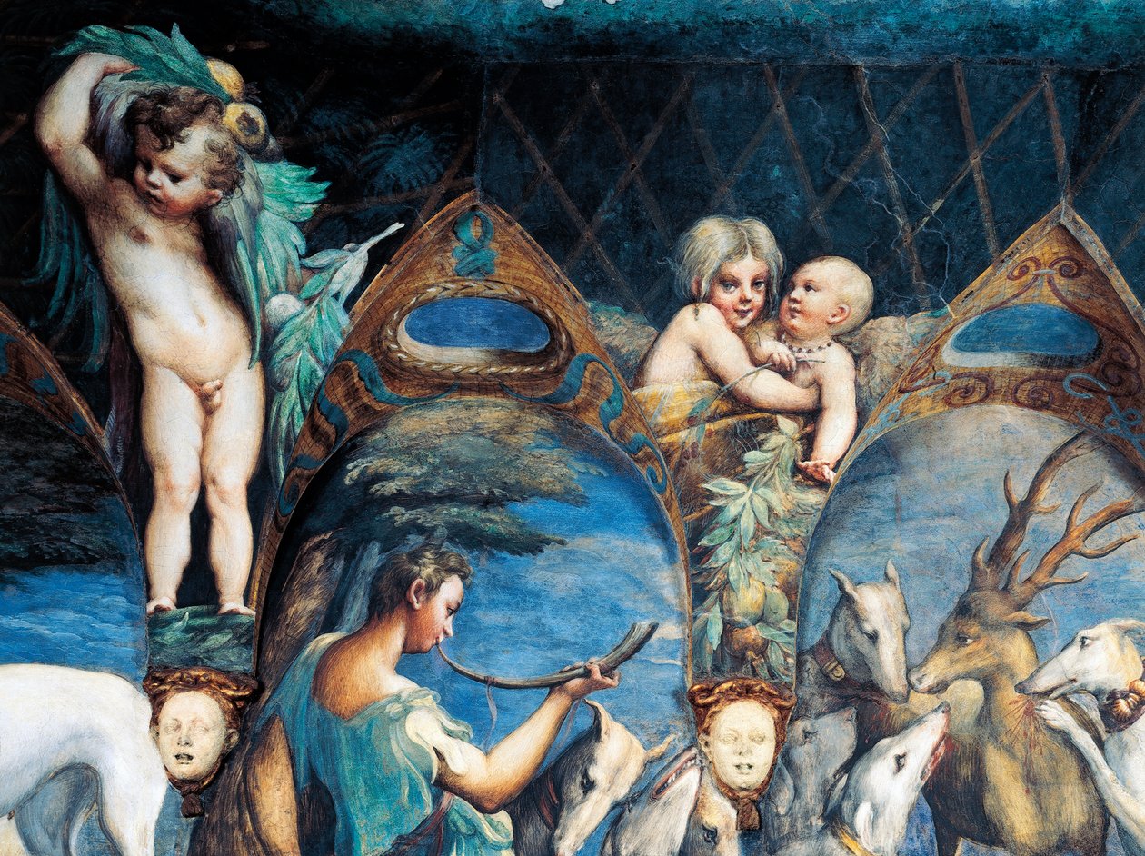Actaeon attackerad av hundar, detalj från Myth of Diana and Actaeon, cirka 1524, av Francesco Mazzola, känd som Parmigianino (1503-1540), fresk, Room of Diana and Actaeon, Rocca Sanvitale, Fontanellato, nära Parma, Emilia-Romagna, Italien av Parmigianino (1503 40)