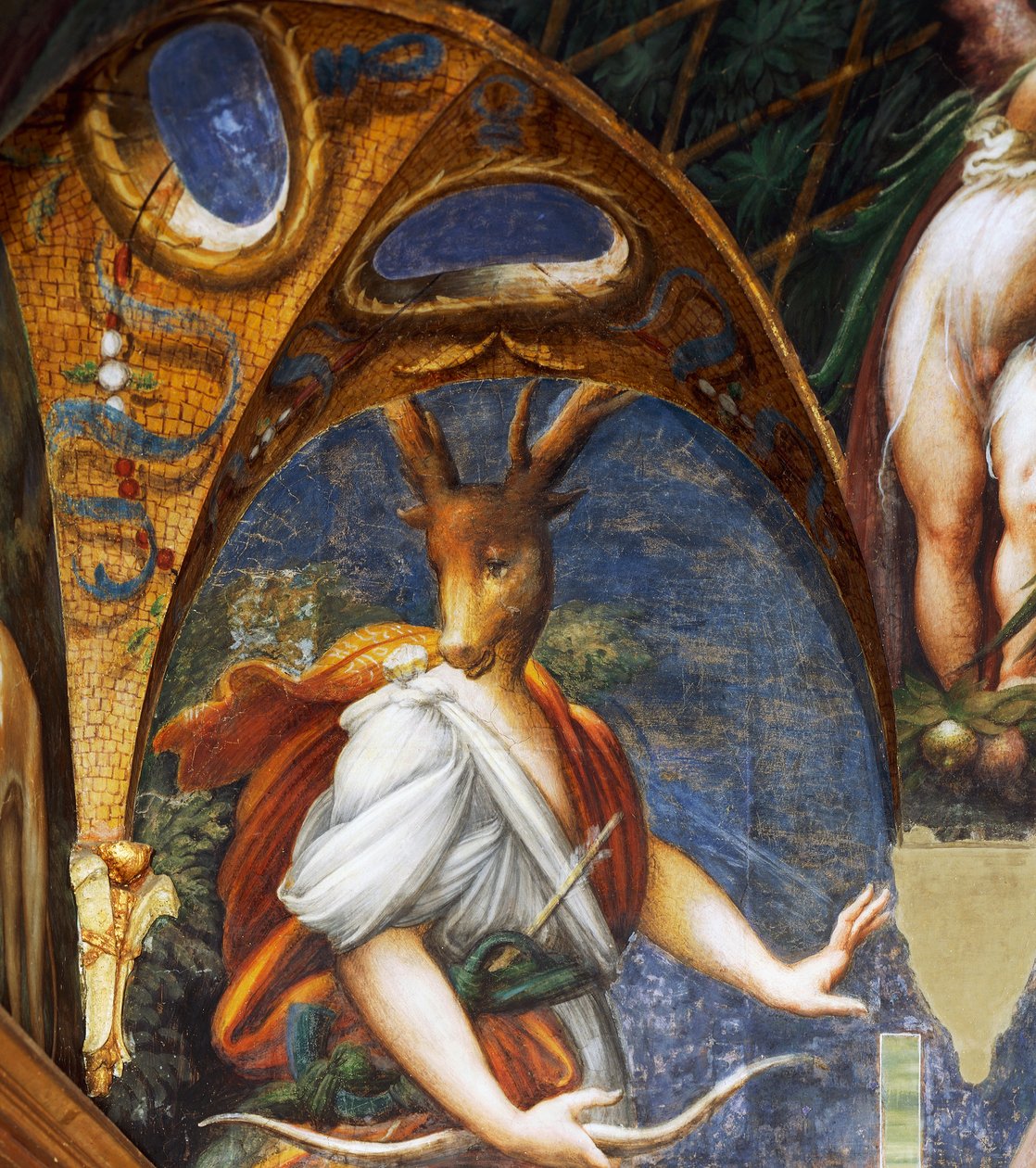 Actaeon förvandlas till svensexa av Diana, detalj i Diane och Acteon-hallen av Parmigianino