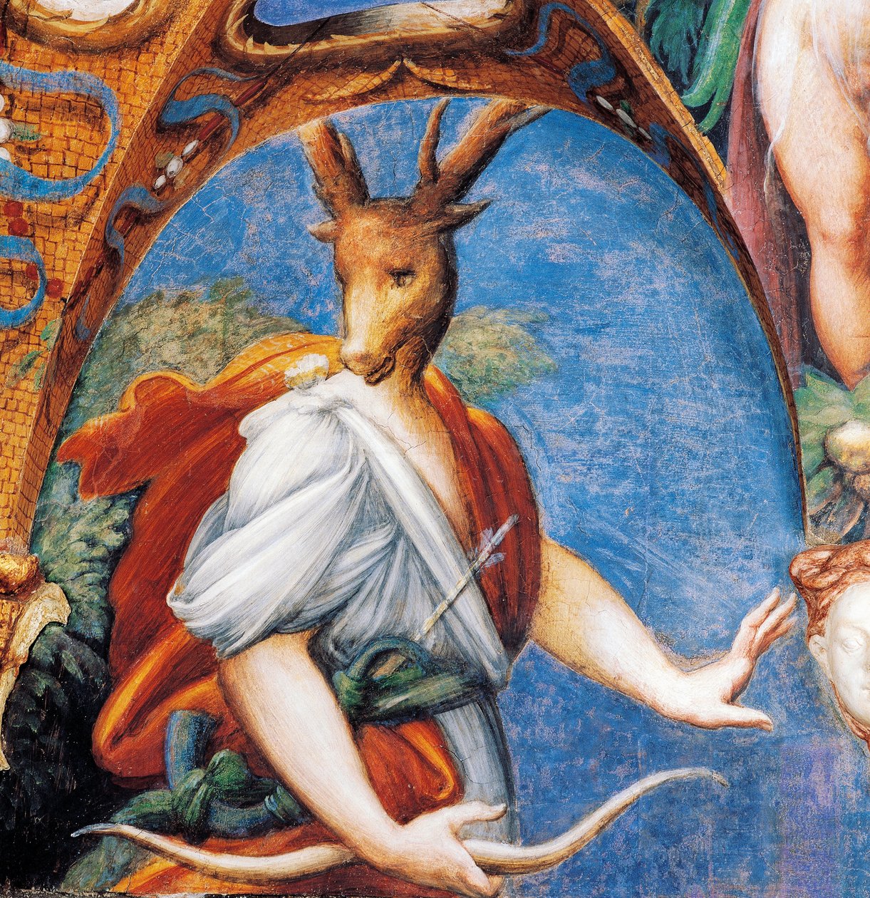 Actaeons förvandling till hjort, från Myth of Diana and Actaeon, cirka 1524, av Francesco Mazzola känd som Parmigianino (1503-1540), fresk, Room of Diana and Actaeon, Rocca Sanvitale, Fontanellato, nära Parma, Emilia-Romagna, Italien av Parmigianino