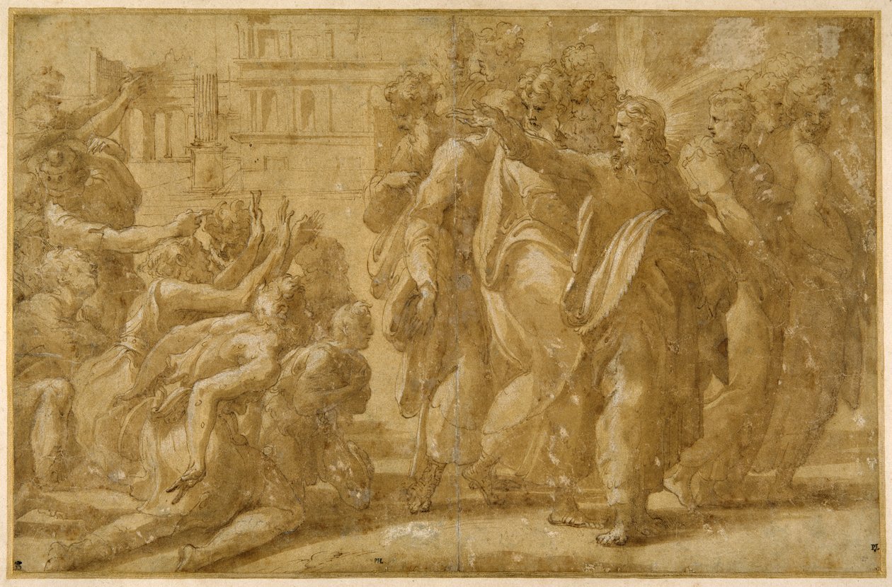 Kristus med sina lärjungar som botar de spetälska (penna, bläck, tvätt & kroppsfärg på papper) av Parmigianino (1503 40)