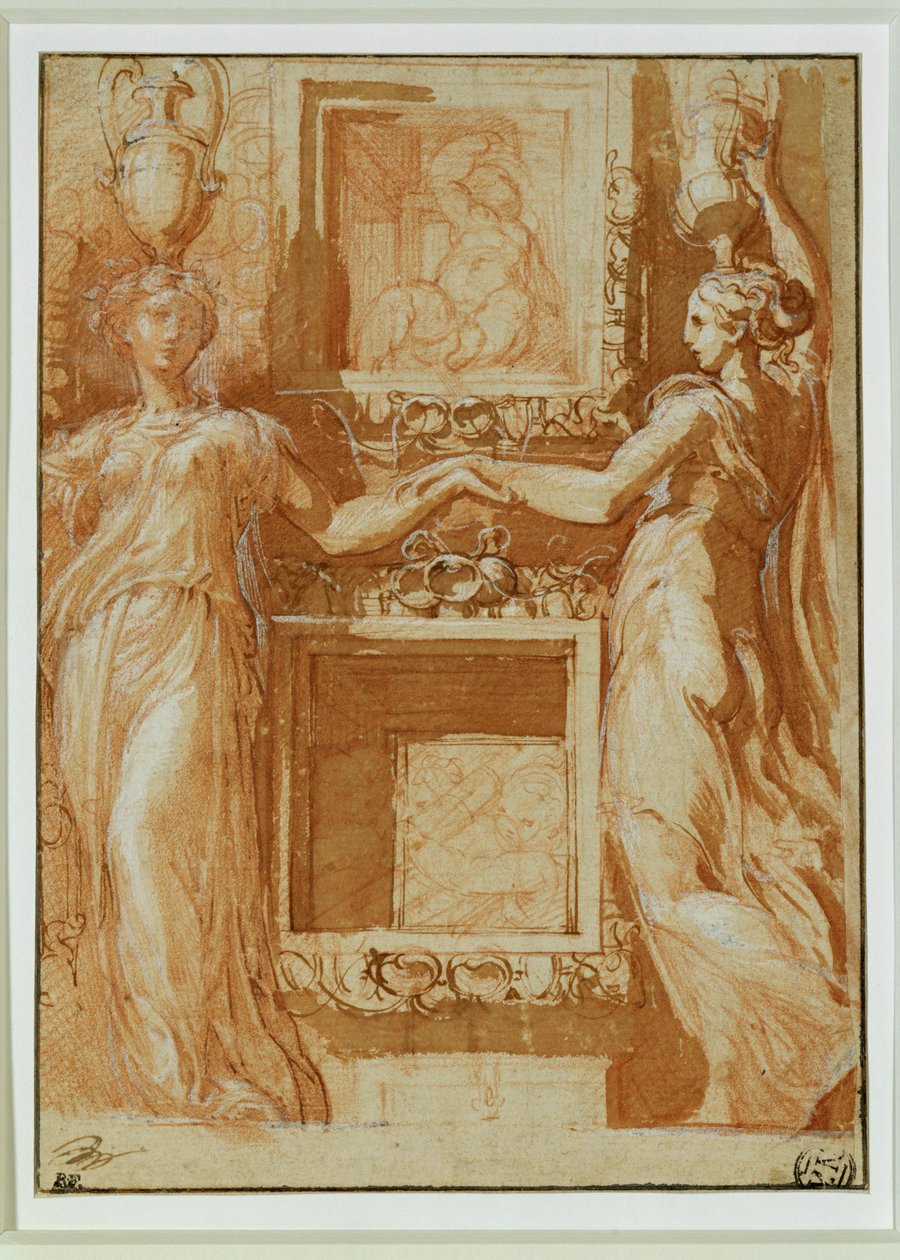 Två kaneforer håller varandra i handen på var sin sida om kassunerna... av Parmigianino (1503-40)