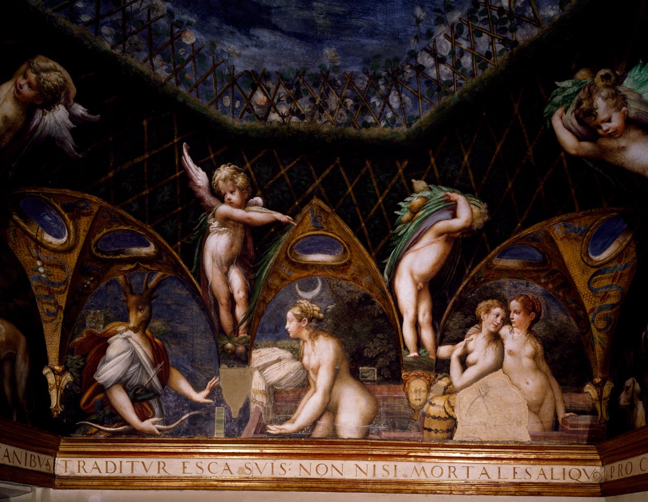 Diana förvandlar Actaeon till svensexa, scen från Myth of Diana and Actaeon av Parmigianino