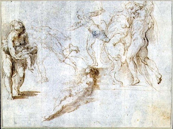 Figurstudier: Kvinna som håller ett barn; Man förföljd av en annan; Naken kvinna som ligger på marken; Hercules and the Nemean Lion (brunt bläck och tvätt på papper) av Parmigianino