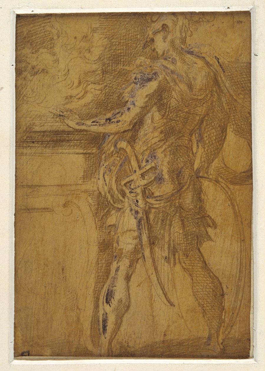 Mucius Scaevola trycker sin hand i lågorna (metallspets på gulaktig mark, berörd med vit kroppsfärg på papper) av Parmigianino (1503 40)