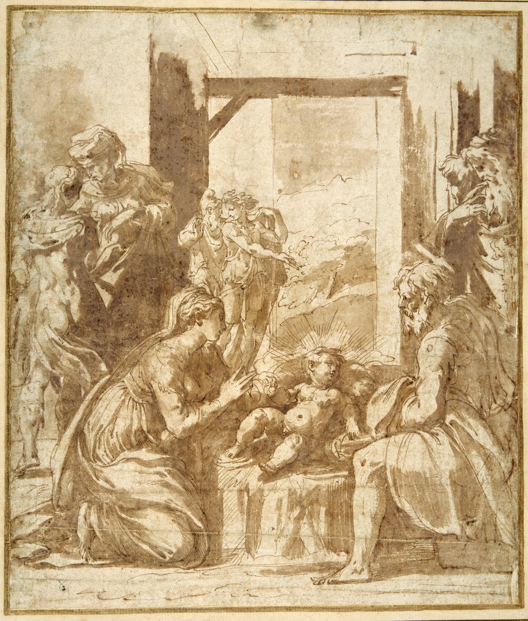 Födelsen (penna och brunt bläck med brun tvätt på vitt papper) av Parmigianino
