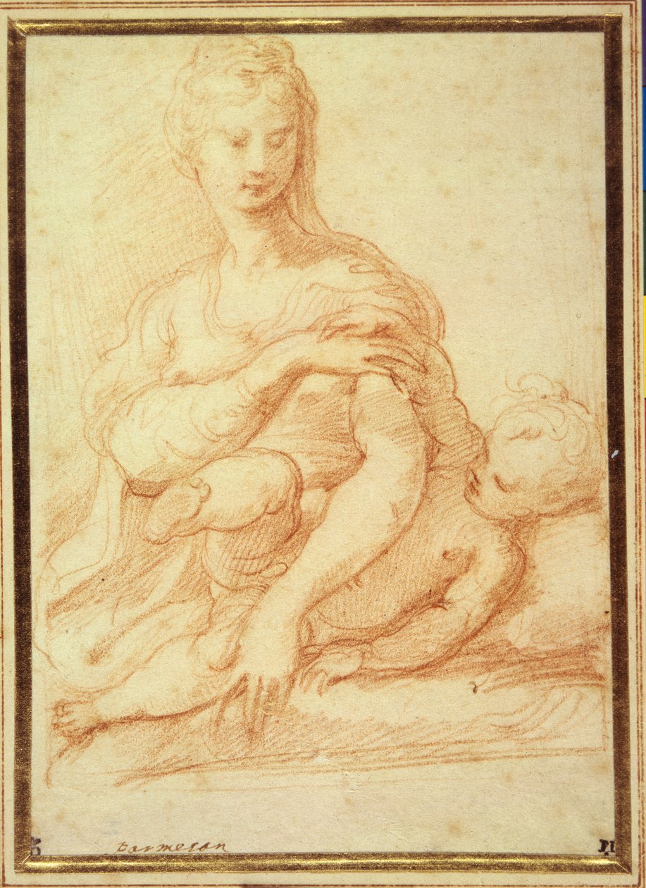 Jungfrun leker med barnet i hennes knä (röd krita på vitt papper) av Parmigianino