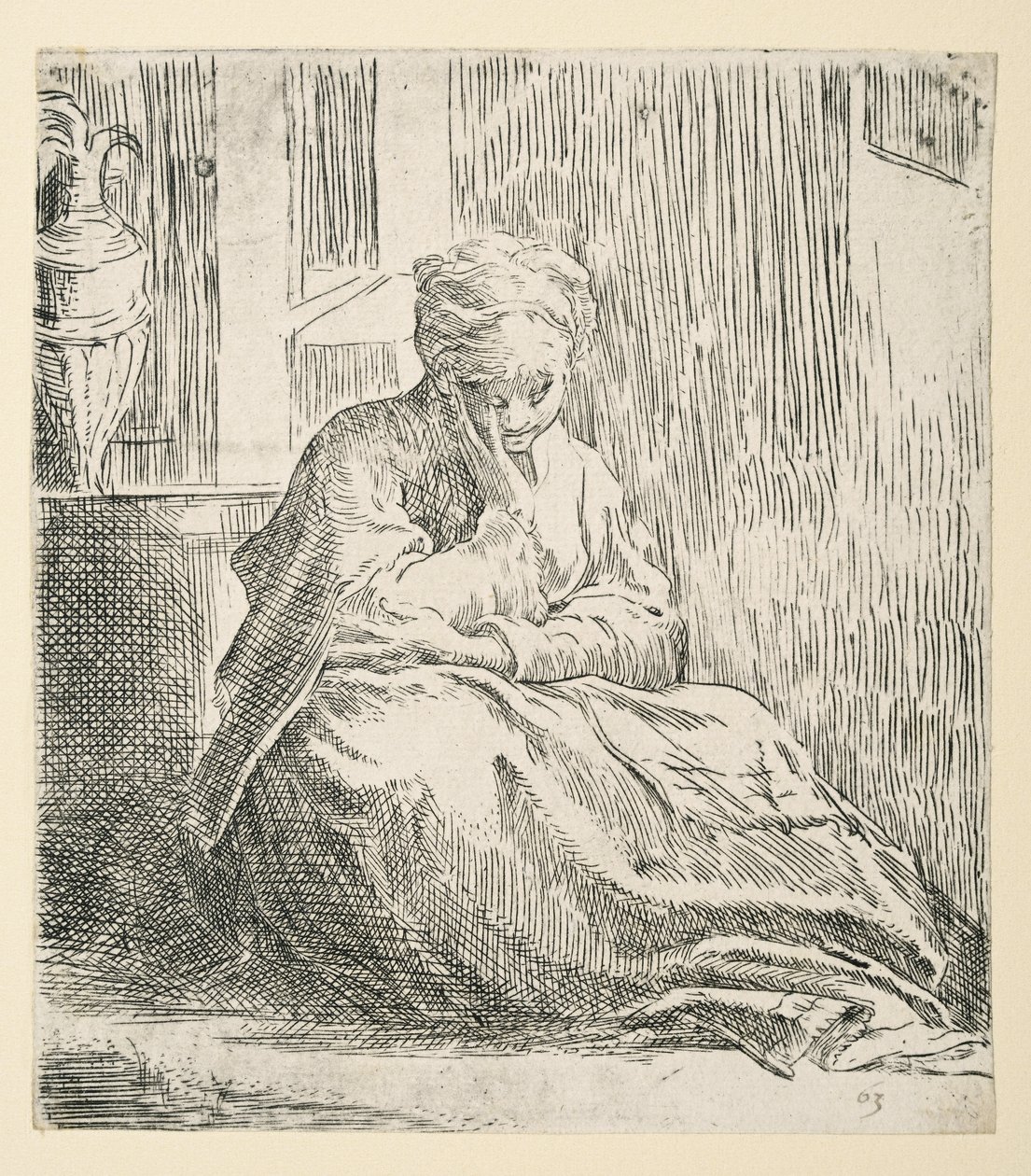 Kvinna som sitter på marken, känd som Saint Thais (Etching) av Parmigianino