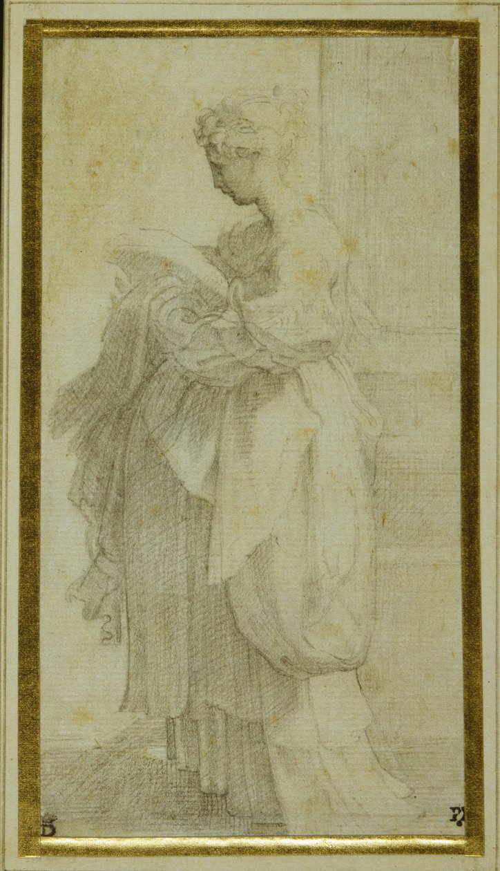 Stående figur av en flicka med skrymmande draperier (svart krita på vitt papper) av Parmigianino 