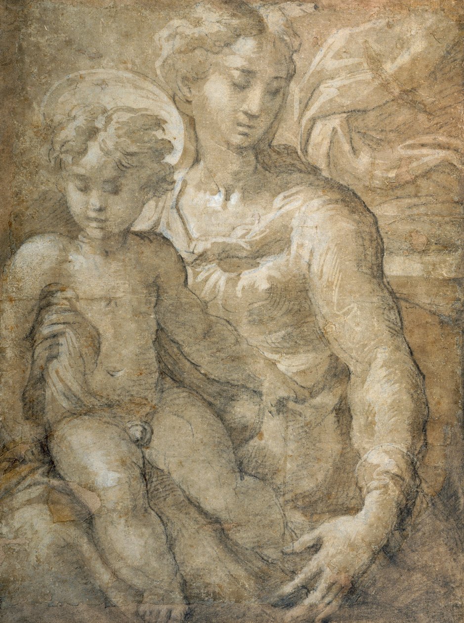 Jungfru med barnet i knät (svart krita med brun tvätt & vit kroppsfärg på papper) av Parmigianino 