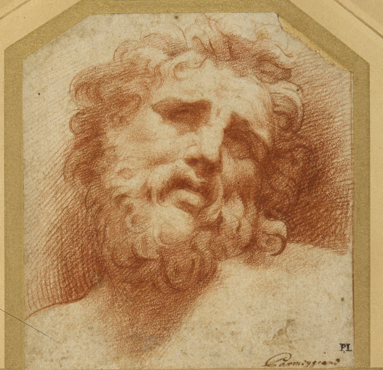 Ett skäggigt huvud som tittar upp (möjligen Laocoon) (röd krita på vitt papper) av Parmigianino
