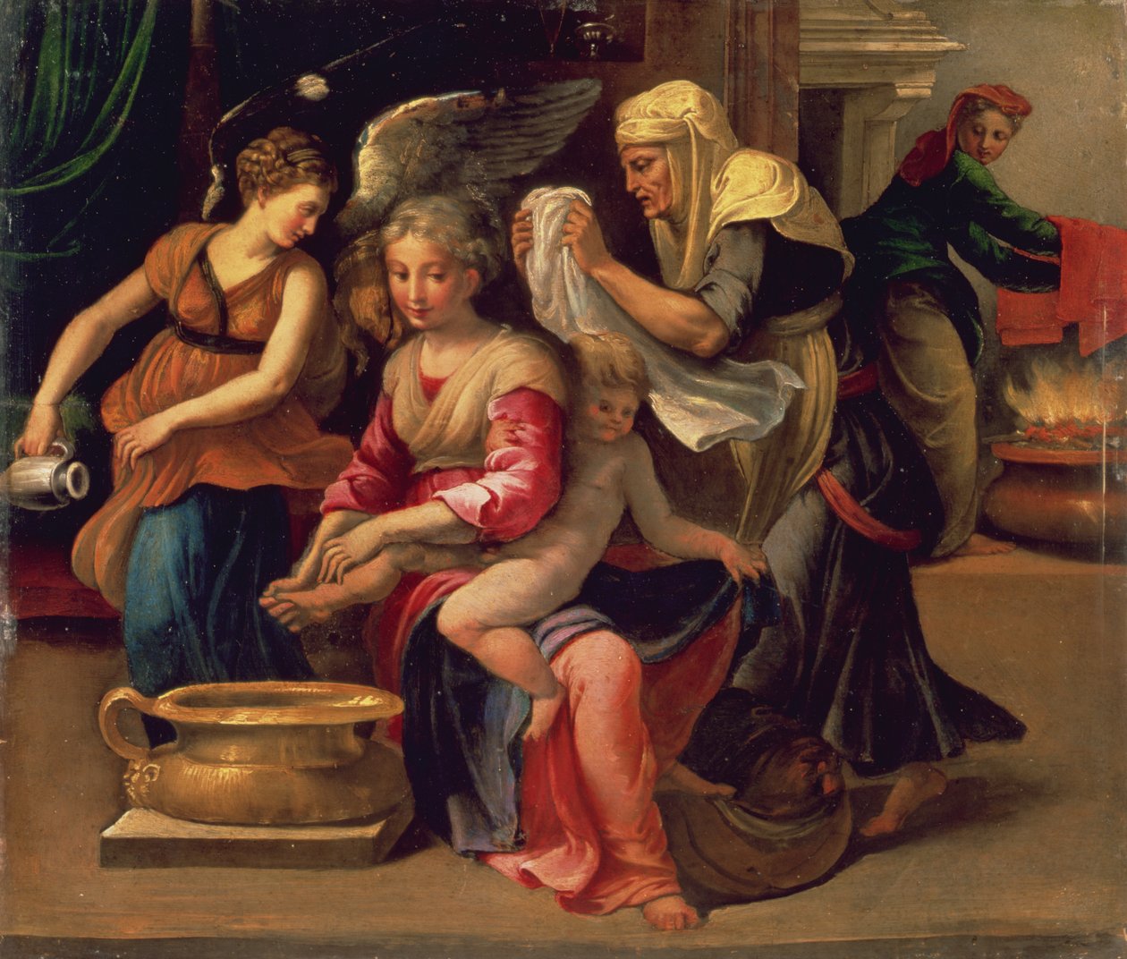 Bathing of a Baby (olja på panel) av Parmigianino