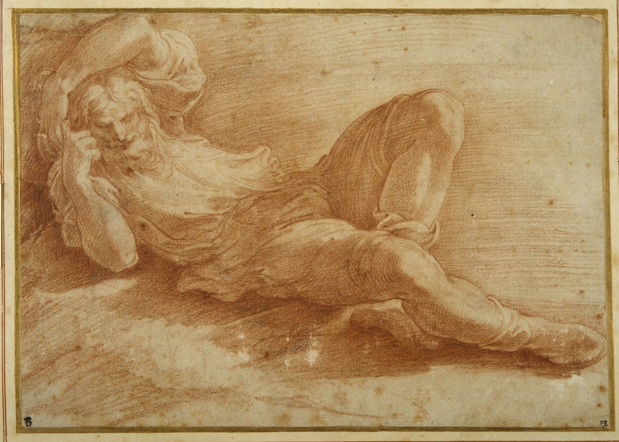 Skäggig figur som sover (röd krita på vitt papper) av Parmigianino