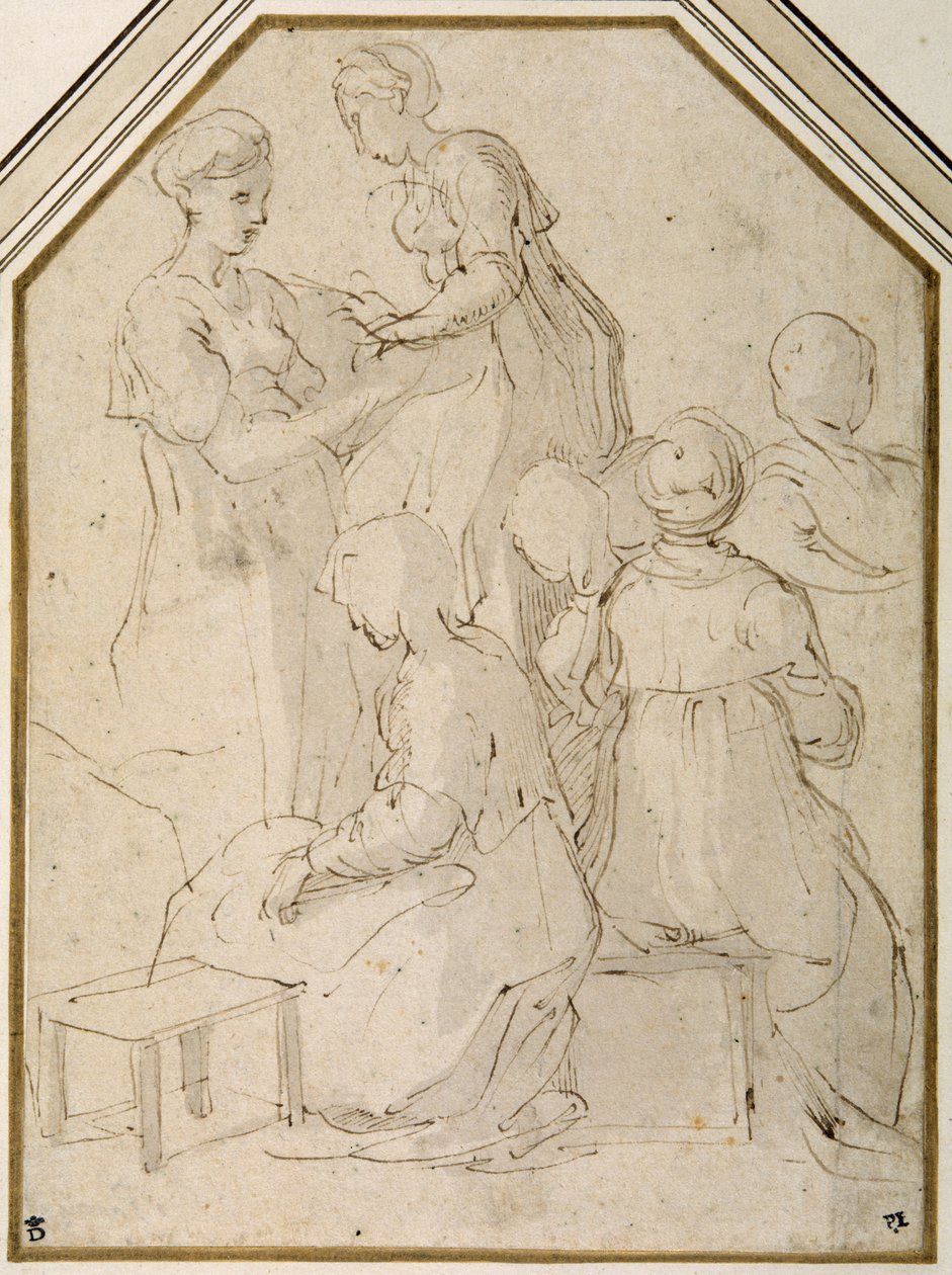 Inhemsk grupp, två stående kvinnor och fyra sittande (penna & brunt bläck med en blekbrun tvätt på vitt papper) av Parmigianino