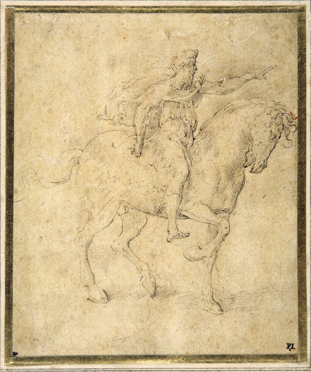 Ryttarfigur (penna & brunt bläck med brun tvätt på vitt papper) av Parmigianino