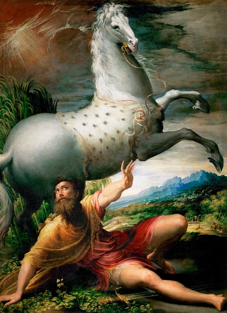 "The Conversion of Saint Paul on the Road to Damaskus" Målning av Girolamo Francesco Maria Mazzola eller Mazzuoli dit il Parmigianino med smeknamnet The Parmesan (1503-1540) ca 1528 Art History Museum, Wien av Parmigianino