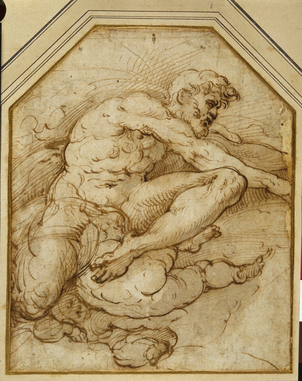 Mansfigur, född uppe i moln av putti (penna & brunt bläck med tvätt på papper) av Parmigianino