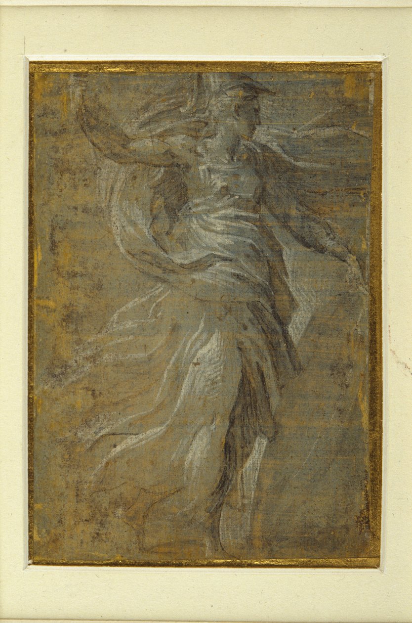 Minerva med en sköld i vänster hand, en lans i höger (metallspets på förberedd gulaktig mark) av Parmigianino