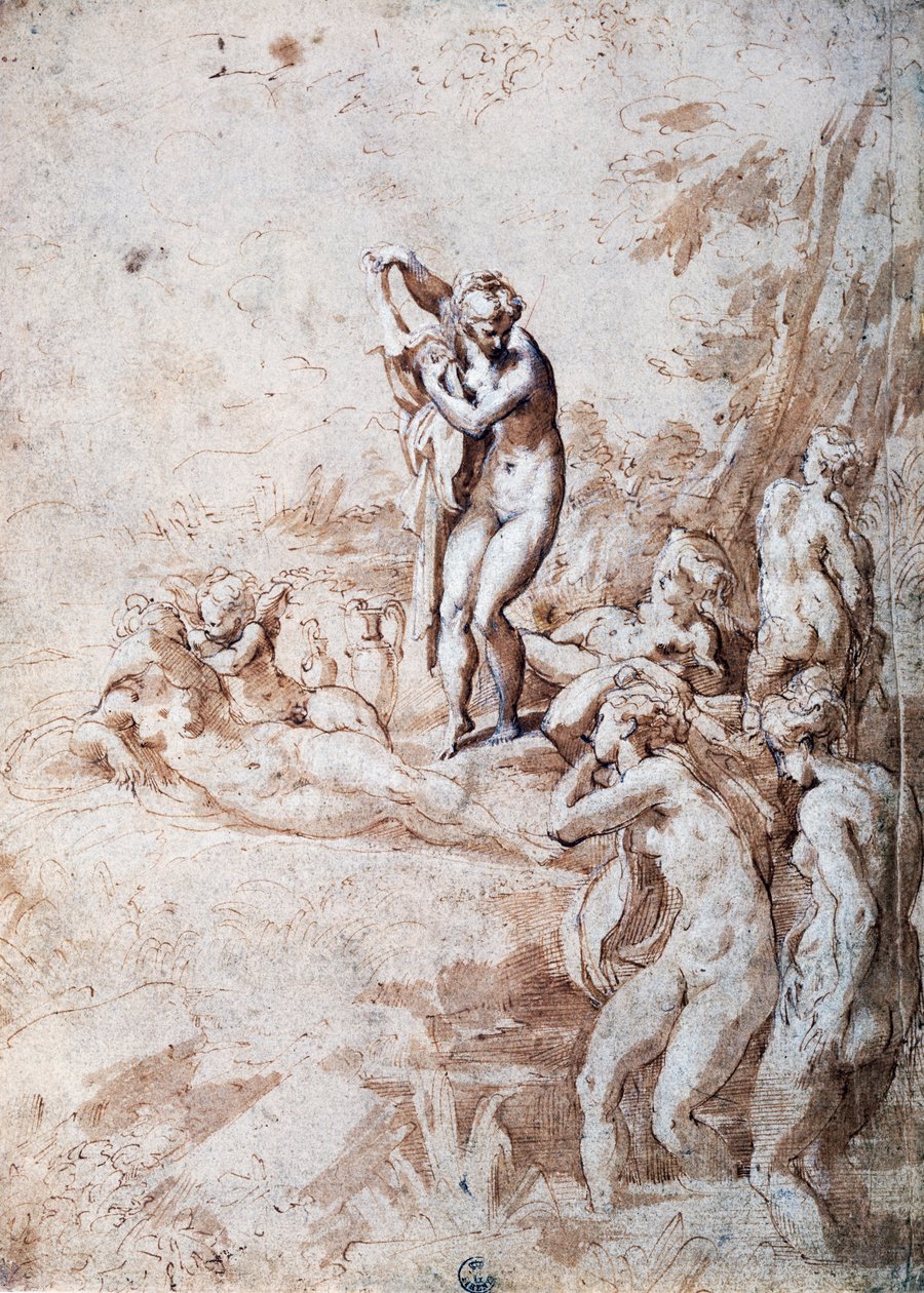 Nymfer som badar (penna och utspätt bläck, vitt bly) av Parmigianino