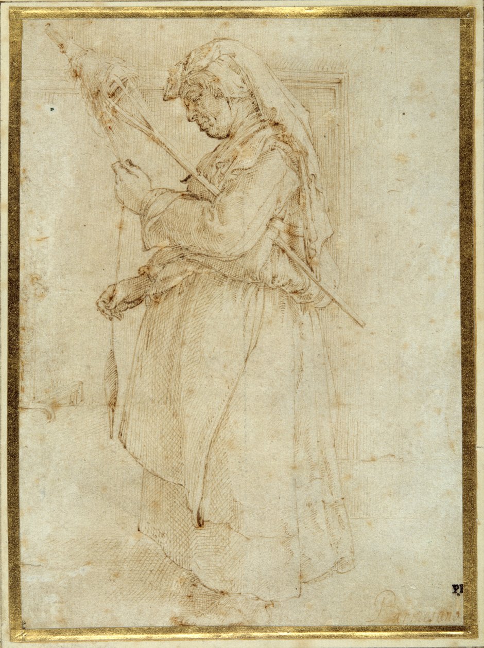 Gammal kvinna med en distaff, stående framför en öppen spis (penna & brunt bläck på vitt papper) av Parmigianino