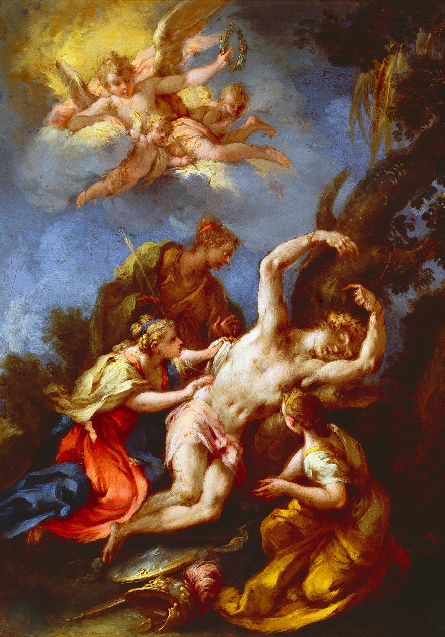 Saint Sebastian deltog av heliga kvinnor, av Michele Rocca även känd som il Parmigianino, olja på duk, 48x37 cm av Parmigianino