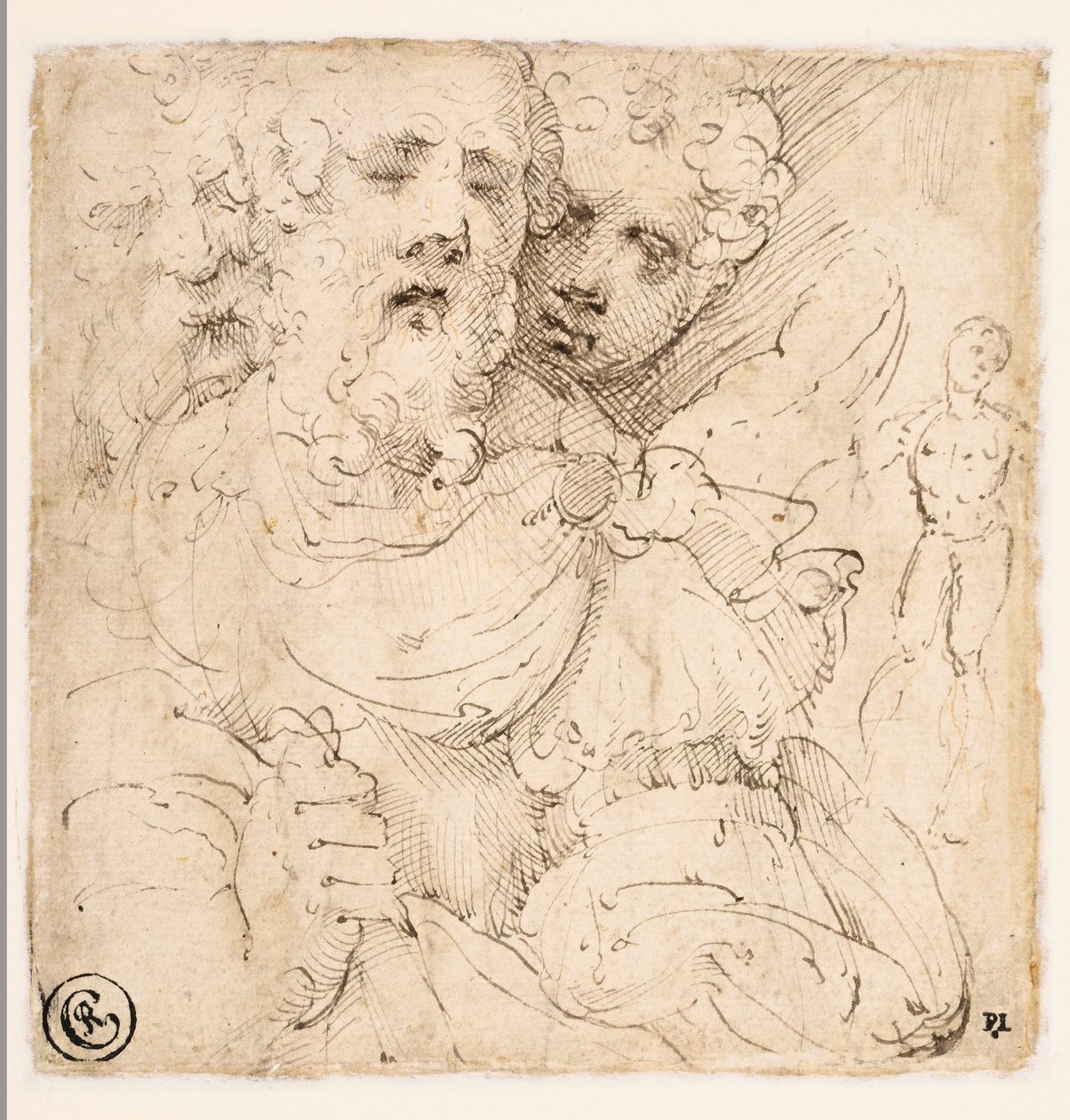Studie av ansikten och en stående figur (verso) av Parmigianino