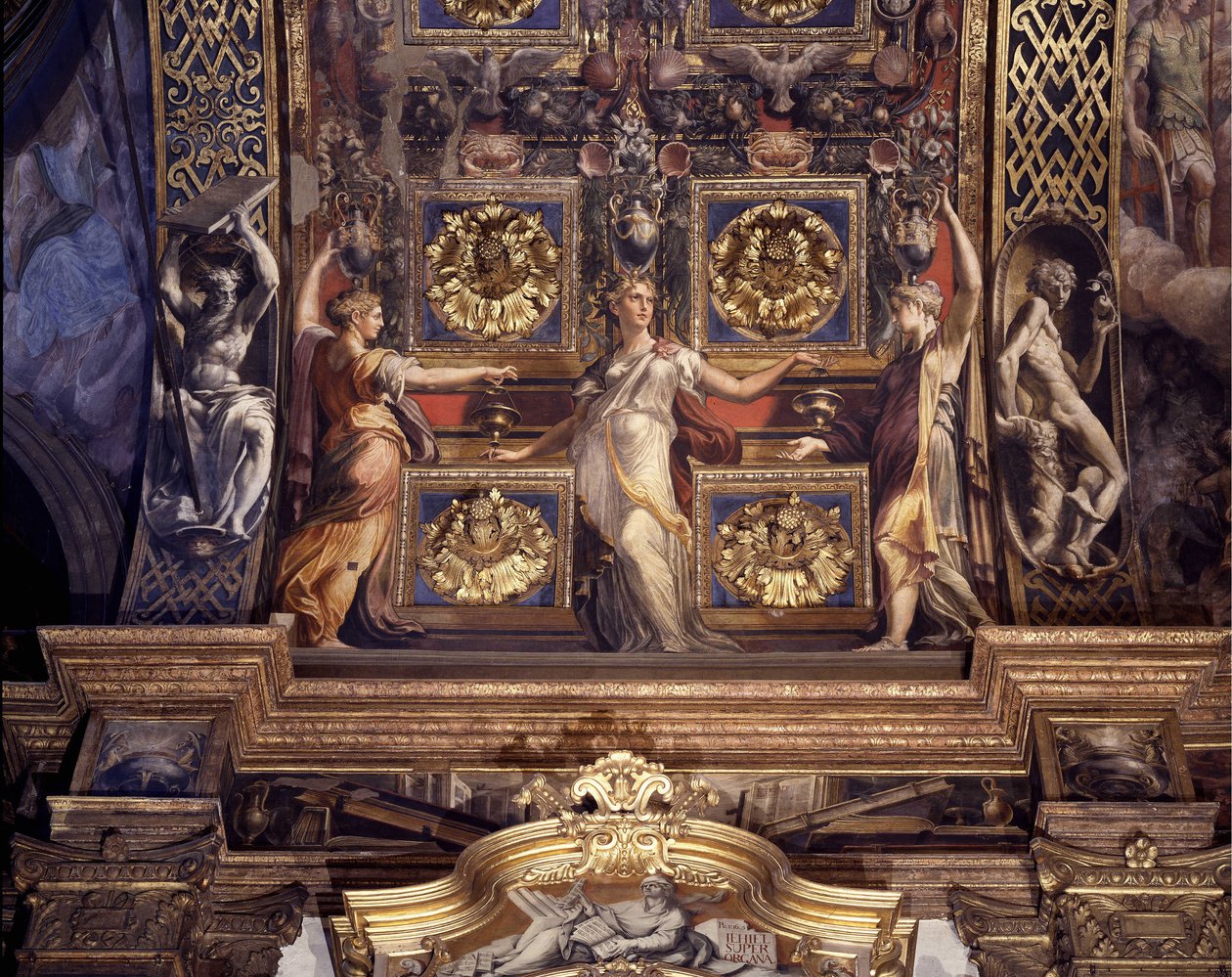 Tre av de fem galna jungfrurna. Detalj av freskerna av Francesco Mazzola (1503-1540) känd som The Parmigianino (Parmesanen) som dekorerar huvudvalvet i Major Chapel of the Church of the Madonna della Steccata i Parma. av Parmigianino