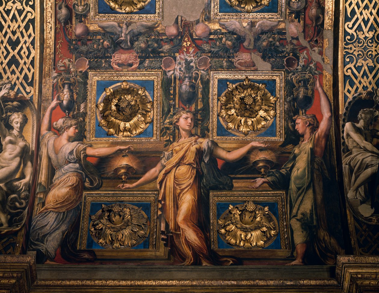 Tre kloka jungfrur, detalj av Tre kloka jungfrur och tre dåraktiga jungfrur, av Francesco Mazzola känd som Il Parmigianino, fresk, undersidan av bågen av presbyteriet, helgedomen Santa Maria della Steccata, Parma, Emilia-Romagna. Italien av Parmigianino