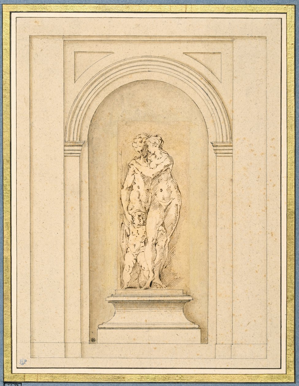 Två figurer och en amor omgivna av en senare arkitektonisk ram av Parmigianino