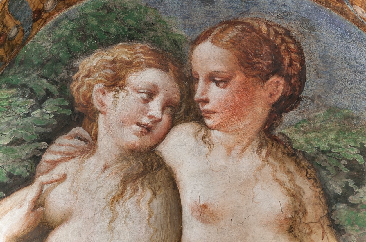 Två nymfer som deltar i Dianas bad, från rummet av Diana och Actaeon, detalj av 2384753 av Parmigianino