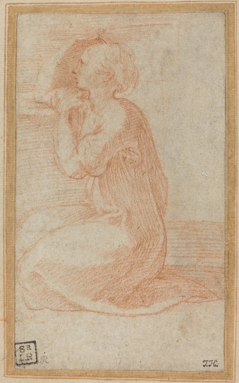 Knästående kvinna som lyfter hennes hand till hennes huvud av Parmigianino