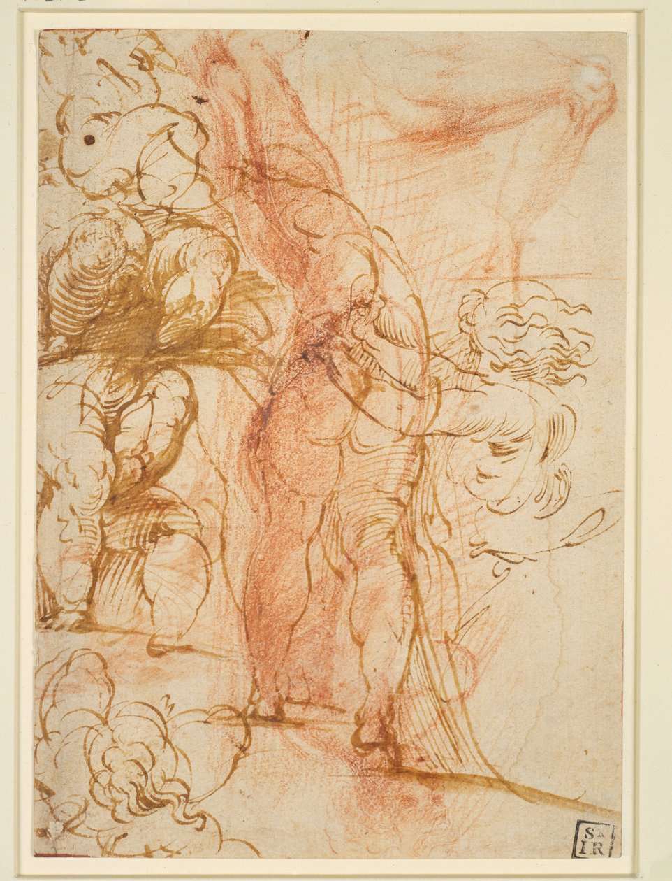 Mehrere Beinstudien von Putten, einwärts laufender Männerakt, Beinstudie und stehende Figur av Parmigianino