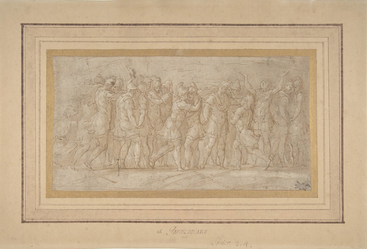Romerska eller grekiska krigare som firar efter en seger., 1503-40. av Parmigianino