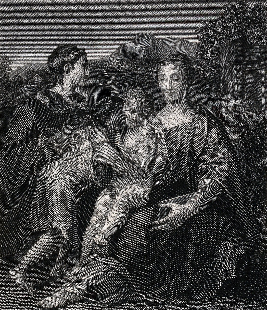 Heliga Maria (den välsignade jungfrun) med Kristusbarnet, den helige Johannes Döparen och den heliga Maria Magdalena. Gravyr efter G.F.M. Mazzola, il Parmigianino. av Parmigianino