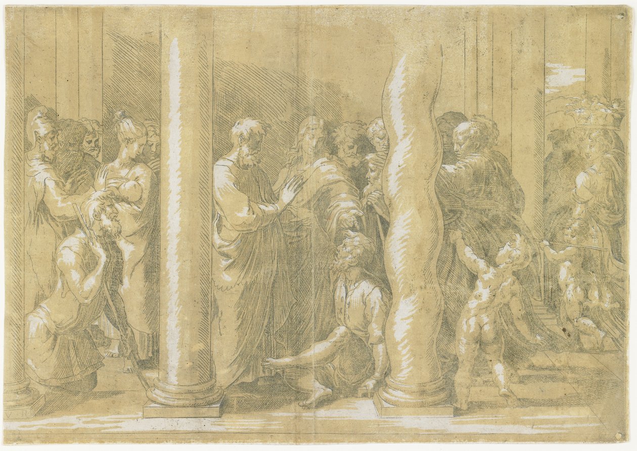 De heliga Petrus och Johannes botar de sjuka vid templets portar, ca. 1530 av Parmigianino