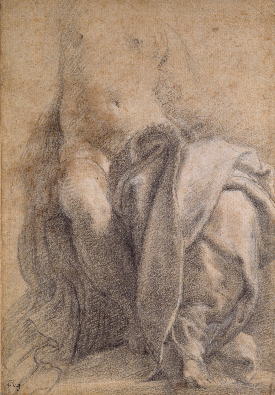 Sittande halvnaken Kvinna som bär draperi, 1520-1540 av Parmigianino
