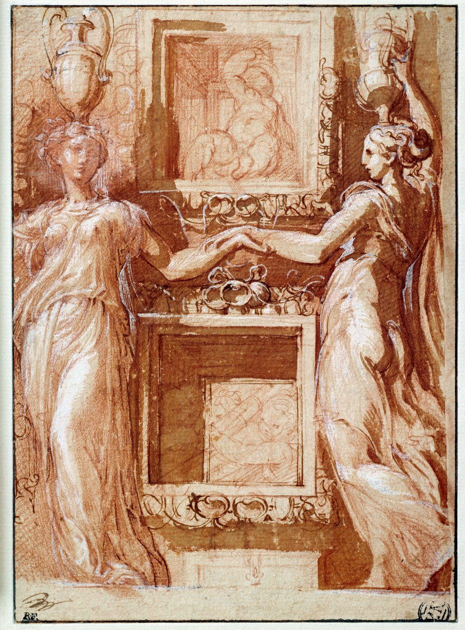 Två kaneforer som ger sin hand, på båda sidor om lådor Ritning i bläck, tvätt, blod och vita flikar av Girolamo Francesco Maria Mazzola dit Parmigianino eller Le Parmesan av Parmigianino