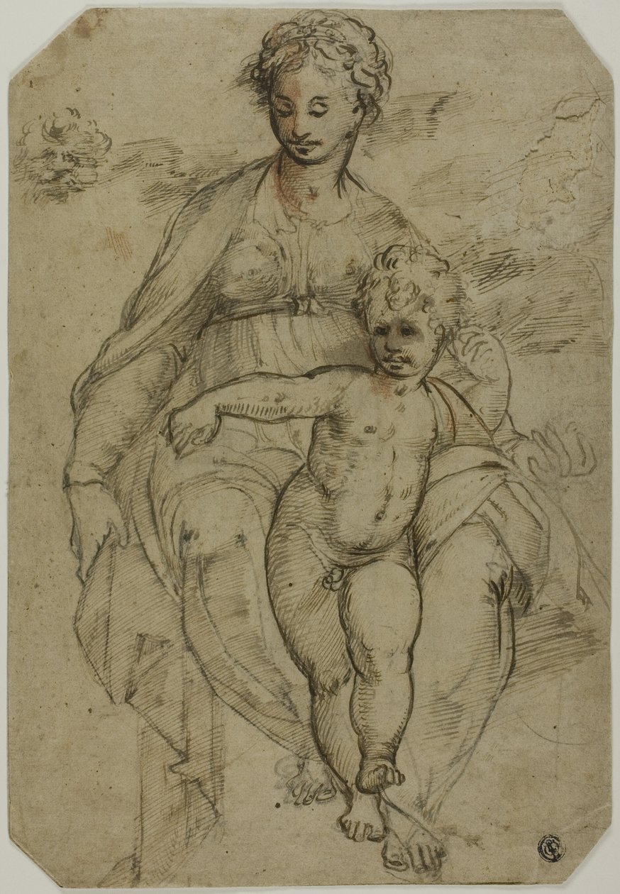 Jungfru och barn (recto); Skiss över tre heliga och karikatyrskiss (verso) av Parmigianino