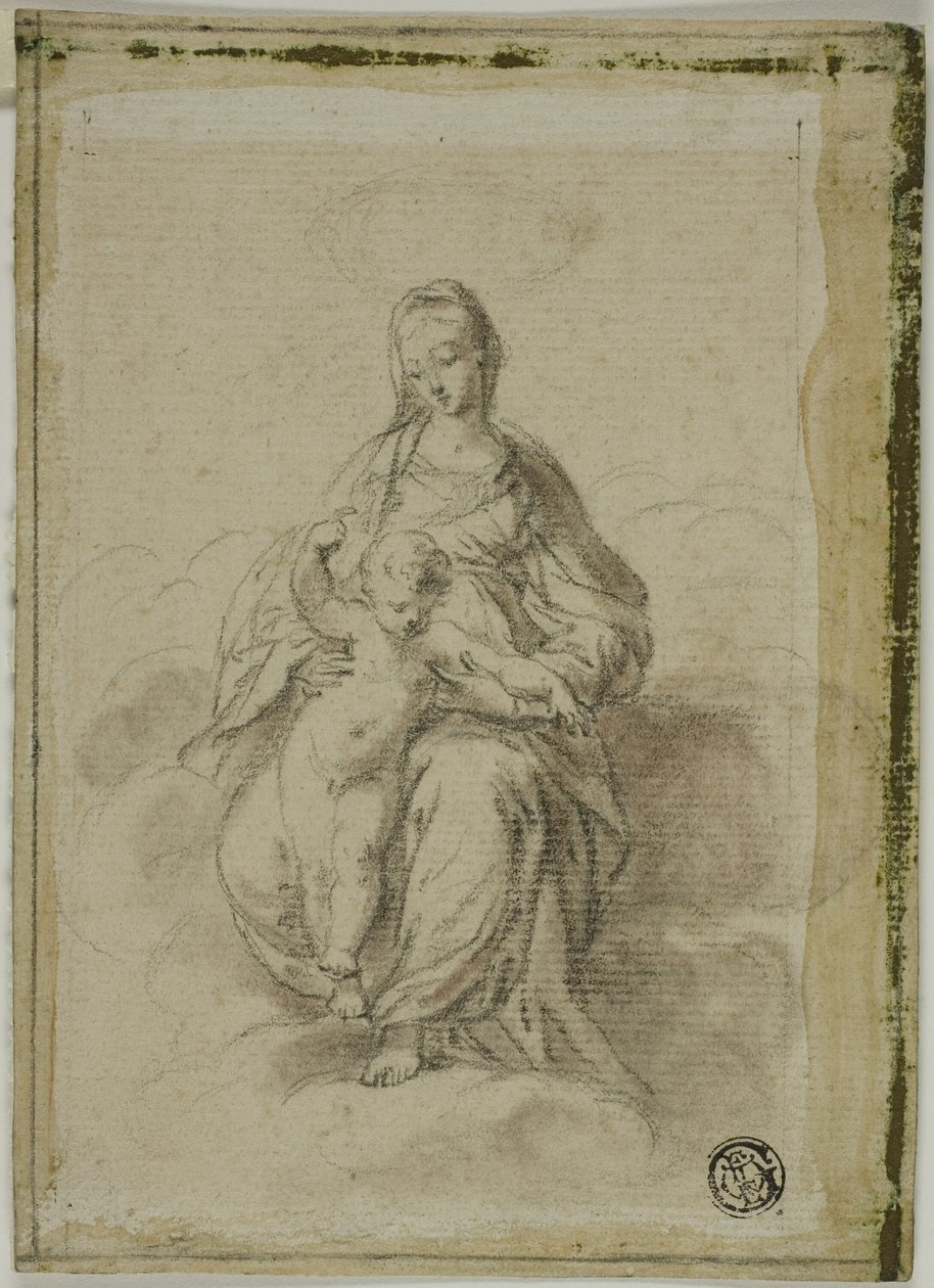 Jungfru Maria och barnet sittande på moln av Parmigianino