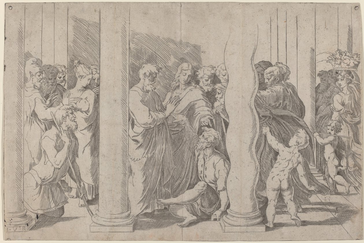 De heliga Peter och Johannes botar den lame mannen vid den gyllene porten av Parmigianino after Raphael