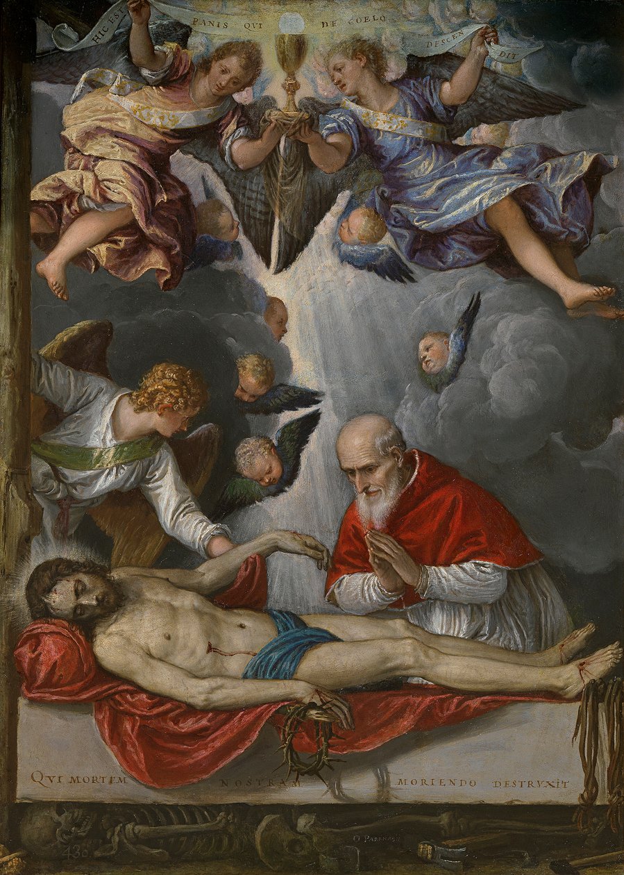 Spanska:  Cristo yacente adorado por el papa Pío V Den döde Kristus vördad av Pius V av Parrasio Micheli