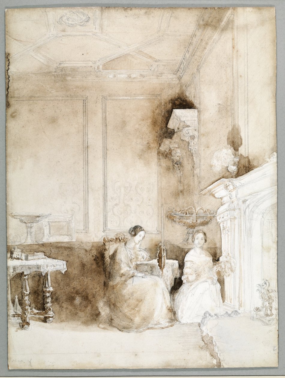 Florence Nightingale och Marianne Nicholson i salongen i Embley, ca 1830 (penna och tvätt på papper) av Parthenope Nightingale